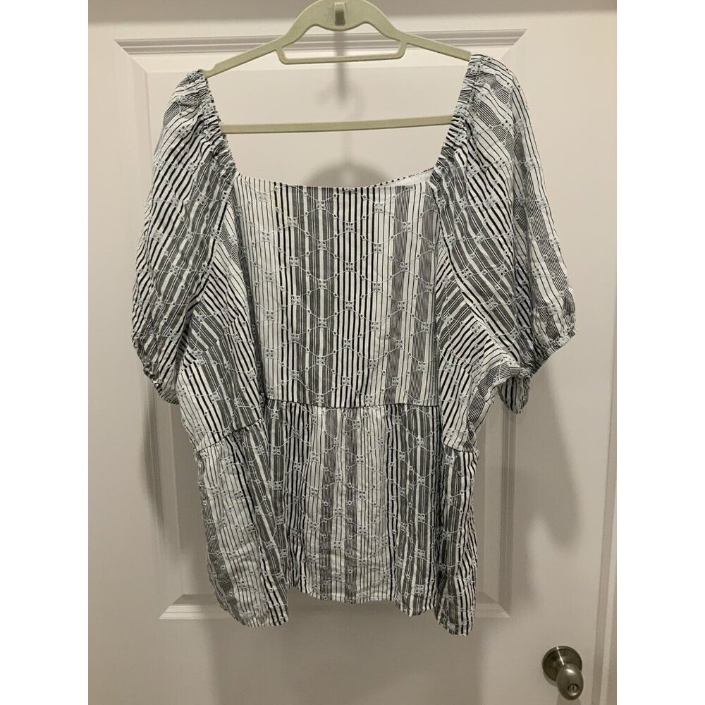Lane Bryant Blouse Size 24 White Black Stipe Square Neck Eyelet Peplum